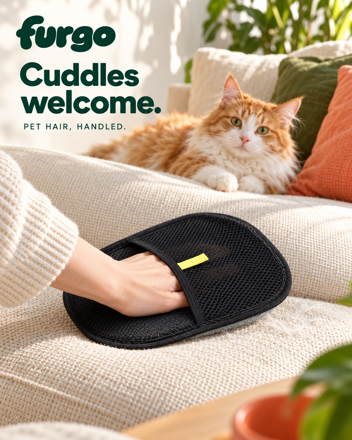 Pet-hair mitt resting on a sofa beside a ginger cat