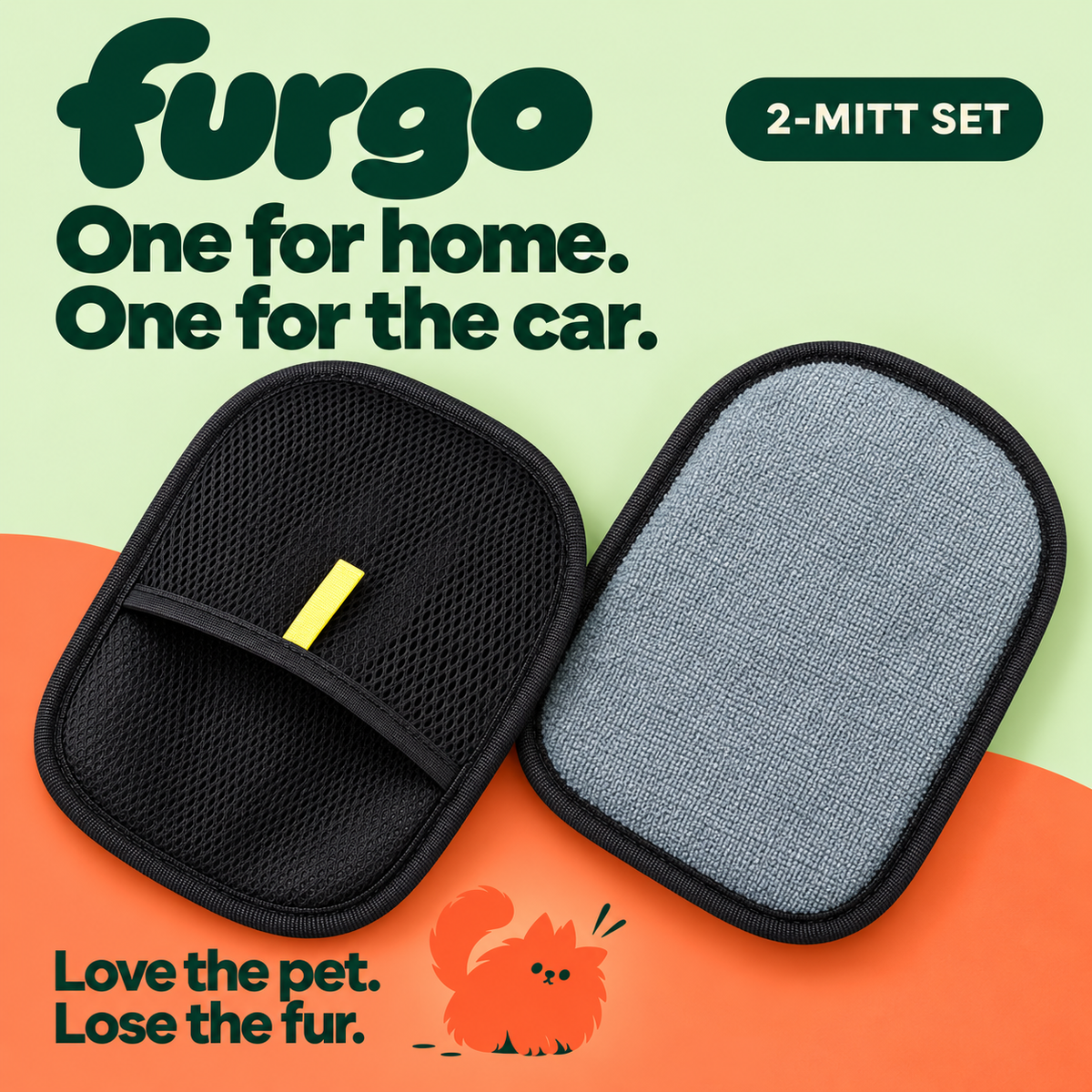 Two pet-hair mitts showing mesh back and grey cleaning face